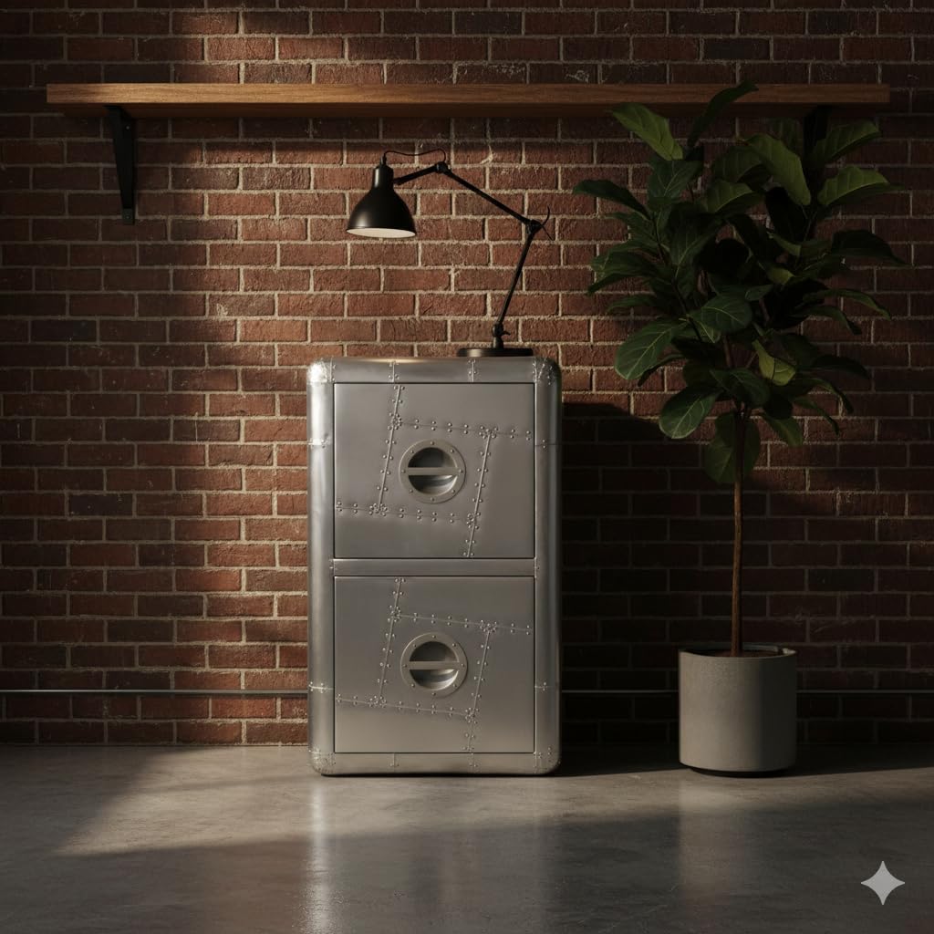 NauticalMart Aviator Industrial Office File Cabinet Aluminum Two Drawers for Home Office Decorative Study Room, Living Room, Boutique Studios Furniture Side Table Aviation
