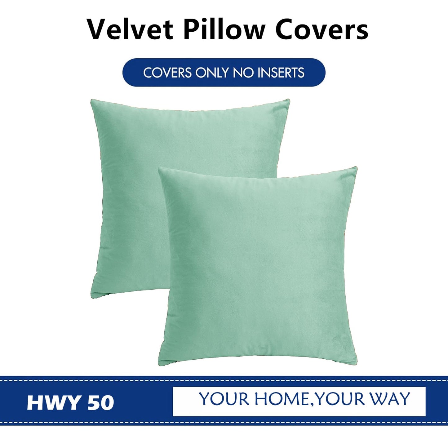 HWY 50 Aqua Green Velvet Throw Pillow Covers 18x18 Inch, Pack of 2 Soft Cozy Solid Decorative Luxury Cushion Cases for Couch Sofa Bed Living Room Bedroom