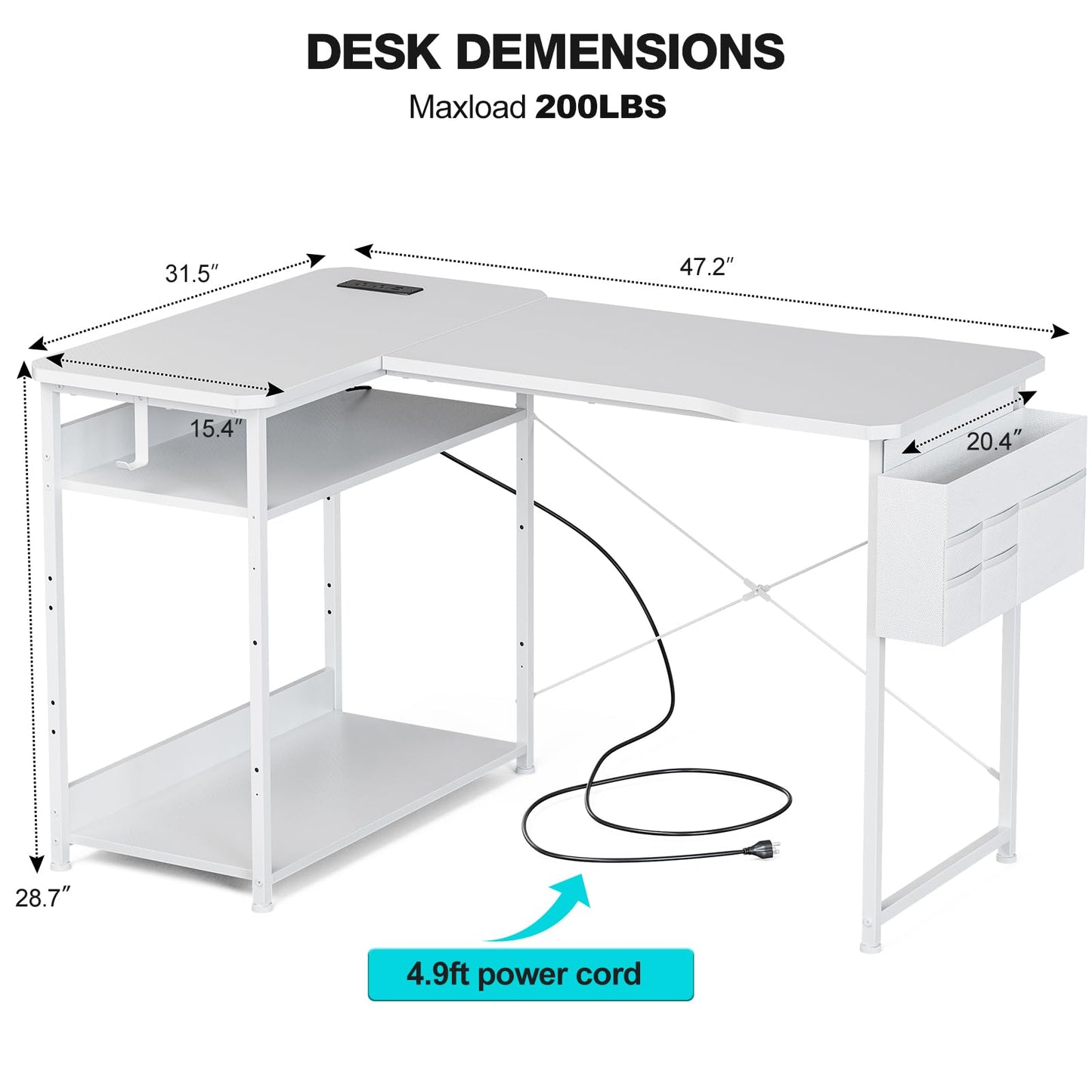 Acrolix L Shaped Gaming Desk 48 Inch - Computer Corner Desk with Power Outlets, Reversible Shelves & Storage Bag for Home Office, PC Gaming Table, White Carbon