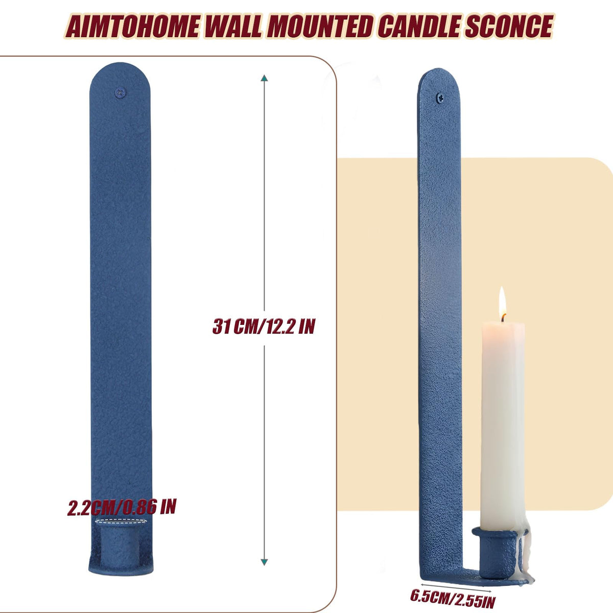 AimtoHome Wall Candle Sconces Set of 2, Classic Iron Farmhouse Holders for Taper Candles, Rustic-Textured Powder-Coated Wall Mounted in Blue for Living Room, Hallway Decor