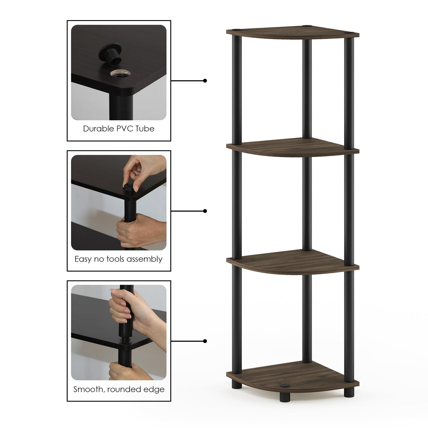 Furinno Turn-N-Tube Toolless Assembly 4-Tier Corner Shelf, Rustic Brown Corner Book Shelf, Open Shelves Bookshelf, for Organization and Storage, Living Room, Home Office, Bedroom, Brown Walnut