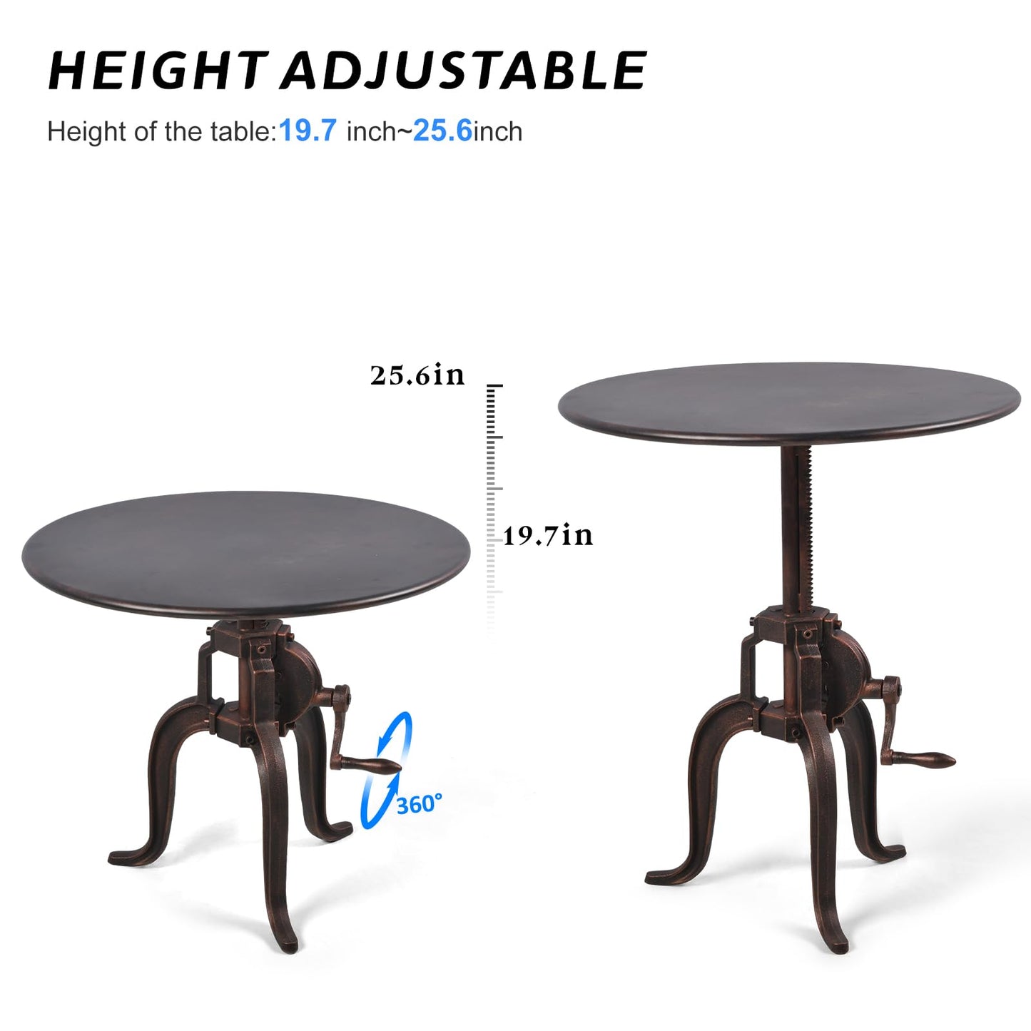 Topower Industrial Retro Side Table Antique Mechanic Crank Height Ajustable Metal Top Three-Legged Farmhouse Accent End Table Copper