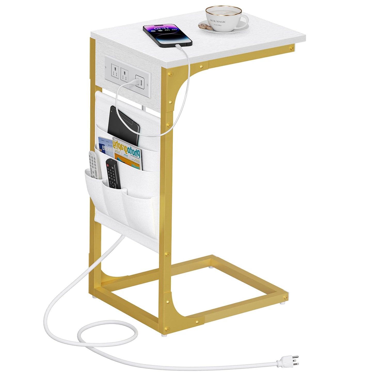 TUTOTAK C Shaped End Table with Charging Station, Side Table for Sofa, Couch Table with Storage Bag, TV Tray Table with 2 USB Ports and Outlets for Living Room, Bedroom, White and Gold TB01BWG024