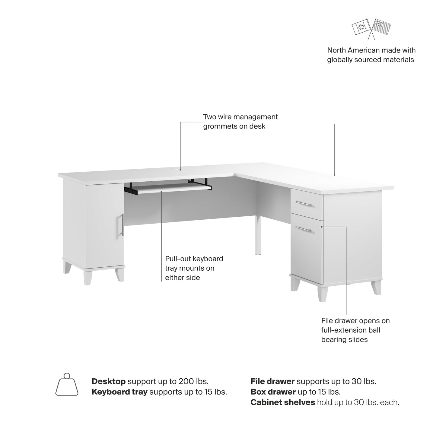 Bush Home 72-Inch L-Shaped Desk with Storage, Corner Computer Office Desk with File and Box Drawers, Home Office Workstation with Storage Cabinet, Somerset Collection, White