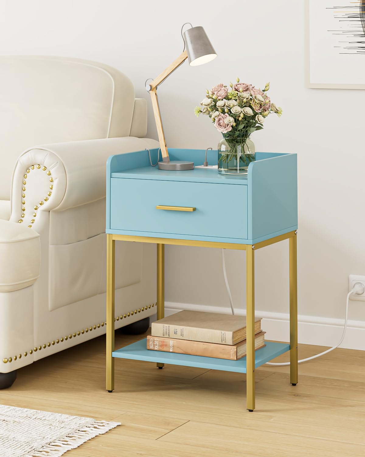 Apetaccat Nightstand with Charging Station,3-Tier Modern Bedside Table Night Stand with Storage Drawer and Open Shelf,Small End Side Table for Bedroom,Living Room,Blue