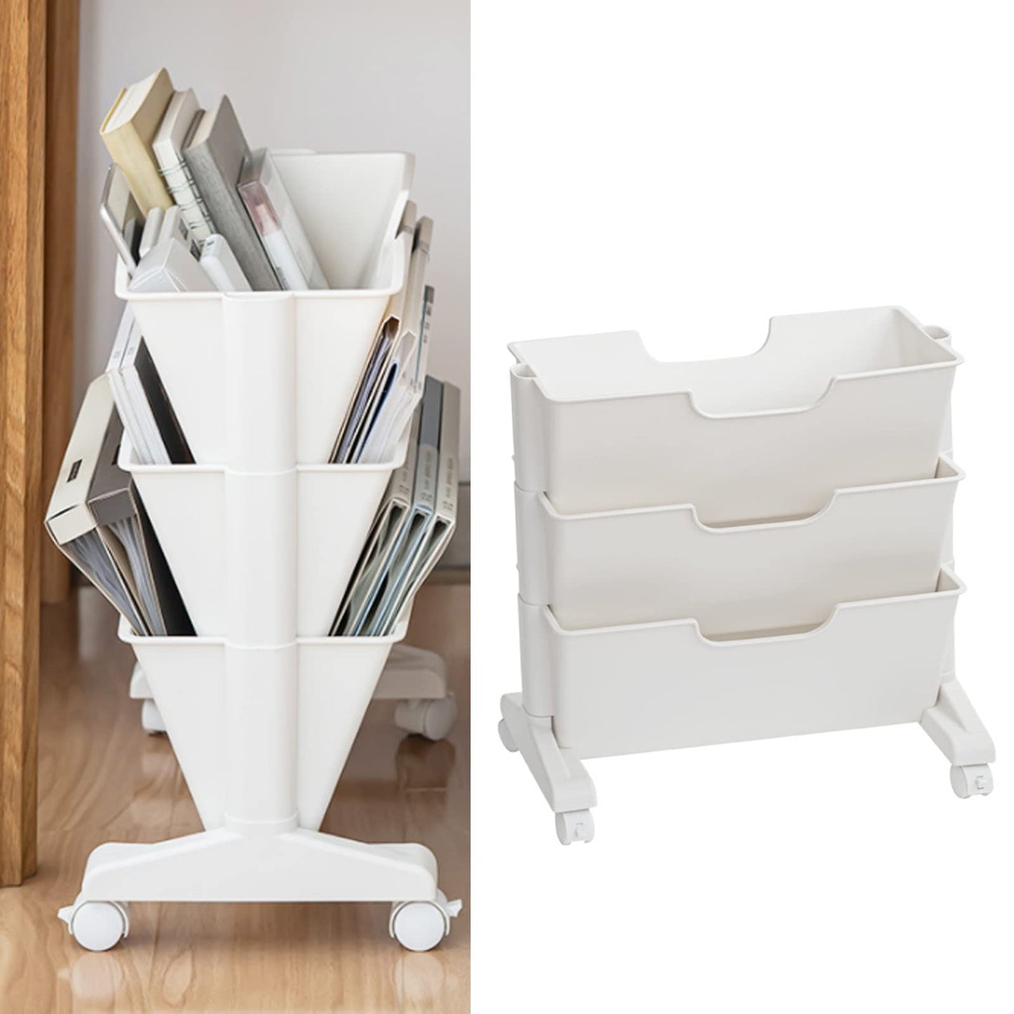 3Tier Mobile Bookshelf, Mobile Bookshelf Bookcases 3 Layers Capacity Bookcase Storage Shelves Under Desk Book Organizer Universal Wheel Rolling Book Cart Movable Storage Bookshelves