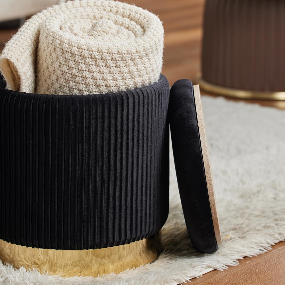 2BYF Round Ottoman with Storage Set of 2 Upholstered Velvet Vanity Stool for Living Room Storage Ottomans Multifunctional Foot Rest (Black with Bottom Gold)