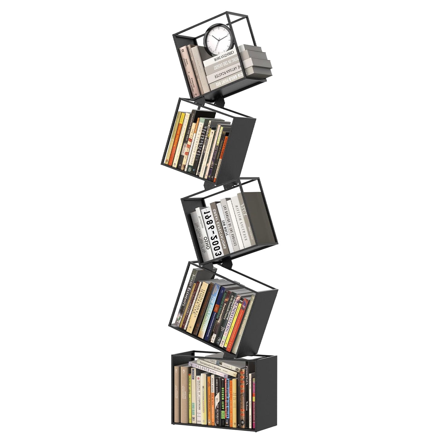 Kunicely 5-Tier Metal Geometric Bookshelf – Modern Narrow Floor Bookcase, Space-Saving Organizer for Living Room, Bedroom, Office, Corner – Black