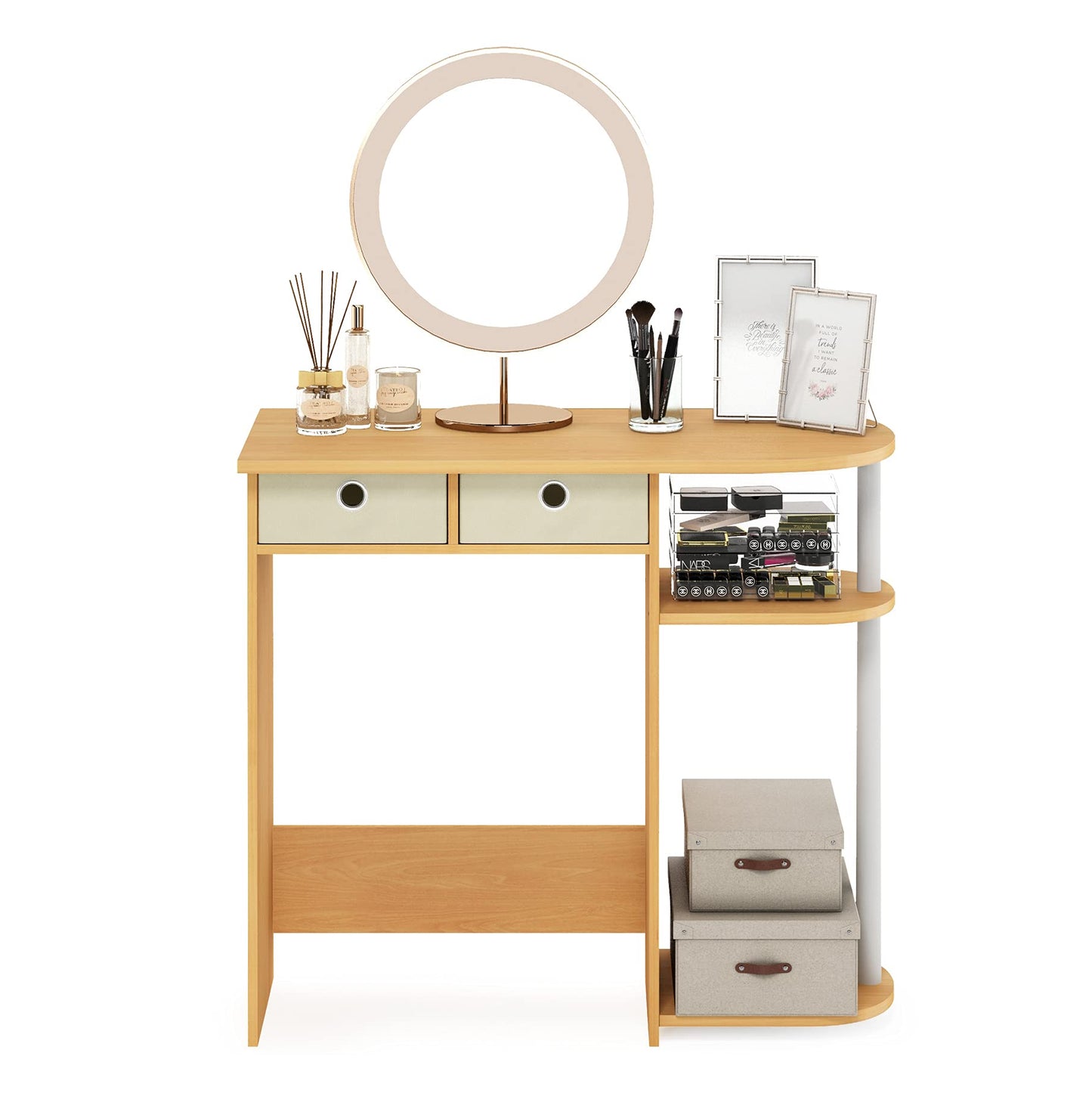 Furinno Go Green Desk, 31.5" Wide Gaming Desk with 2 Side Shelves and Storage Bins, Computer Desk, Office Desk for Home Office, Study Room, Dorm, Bedroom, Beech