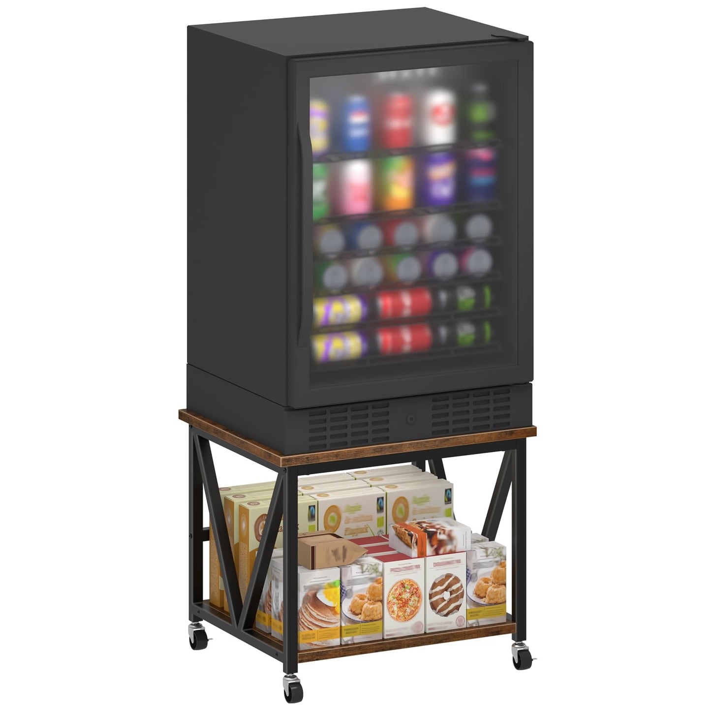 HOOBRO Mini Fridge Stand with 2-Tier Storage Shelf, 19.7” Square End Table, Mini Fridge Table with Wheels and Adjustable Feet, Sturdy Metal Frame for Living Room, Bedroom, Rustic Brown BF01BX01
