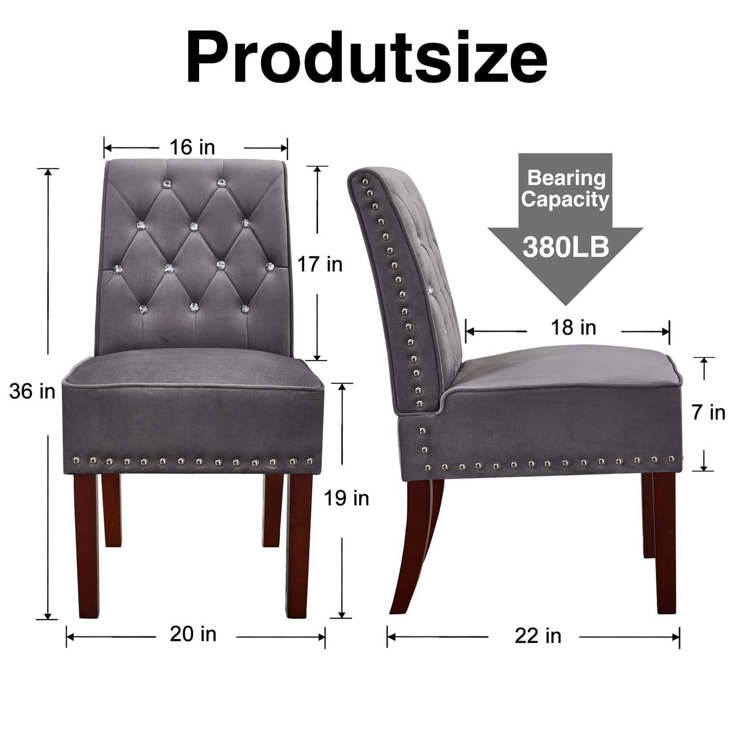 Velvet Dining Chairs, DRM'SCUUM Modern Accent Chair for Living Room, Grey Velvet with Crystal Buttons,Rubber Wood Legs Luxury Tufted Dining Chair for Living Room, Bedroom, Kitchen