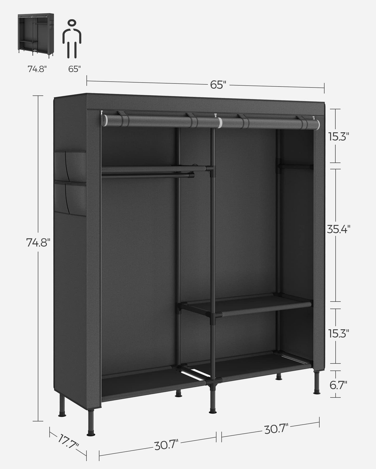 SONGMICS Wardrobe Closet, 65 Inch Heavy Duty Portable Closet, Freestanding Closet Organizer, Clothes Rack with Cover, 2 Hanging Rails, 3 Shelves,4 Side Pockets,Black URDR301B02