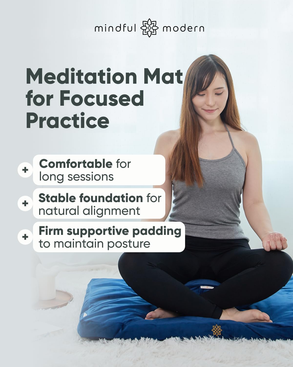 Mindful Modern Velvet Zabuton Meditation Mat - Luxurious Meditation Cushion Pillow with 100% Cotton Filling - Enjoy Better Posture and Greater Comfort for Zafu or Bench (Royal Navy)