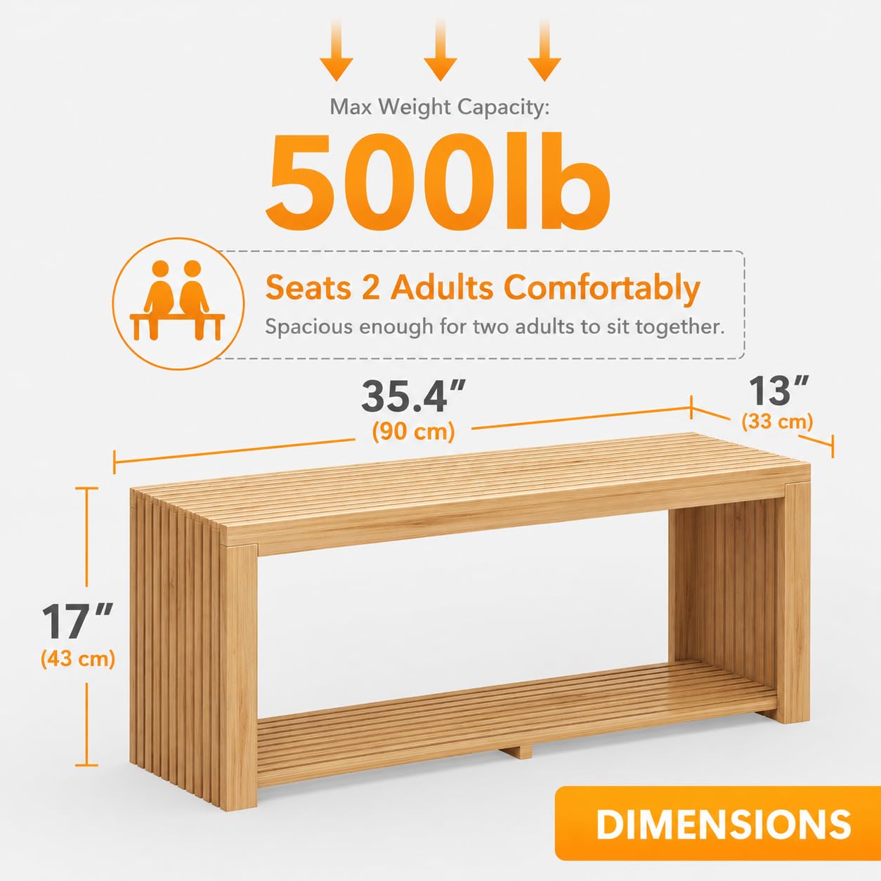 Bamboo Bench with Shelf, 35-in Entryway Bench Seat for Indoor, Natural