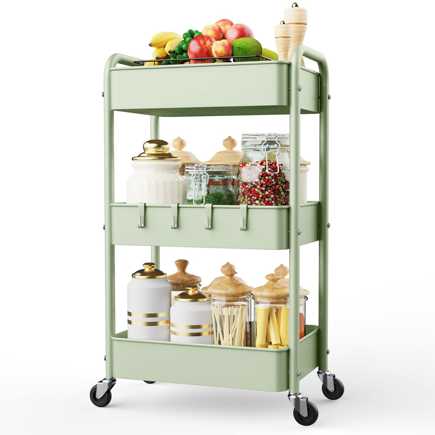 LEHOM 3 Tier Rolling Cart, Metal Rolling Utility Cart with Lockable Wheels & Hooks, Multi-Functional Heavy Duty Storage Cart Organizer for Bathroom, Kitchen, Office, Living Room