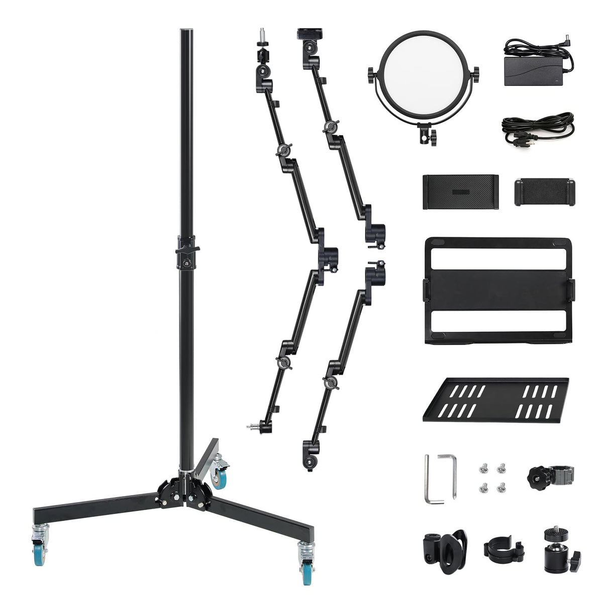 GVM 5-in-1 Movable Live Streaming Floor Stand Kit with Wheels, Overhead Camera Mount with 10" LED Key Light/Mic Boom Arm/Tablet Laptop Phone Stand/Tray for Live Broadcast Podcast Video Recording Game