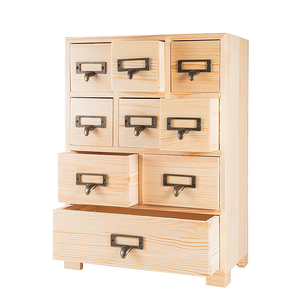 PACKGILO Apothecary Cabinet with 9 Drawers & Labels Rustic Library Card Catalog Cabinet Desktop Wooden Storage Box for Organize Herbal、Tea Bag、Jewelry (Wood)