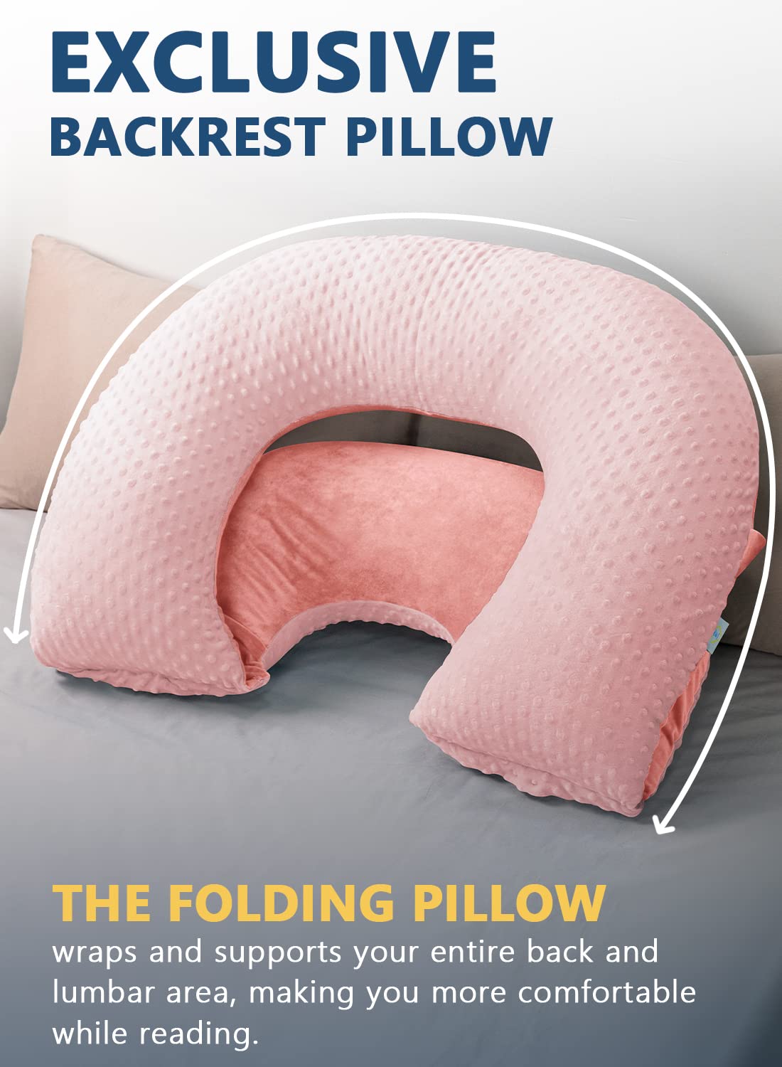 INSEN Reading Pillow, Back Pillow for Sitting in Bed for Reading, Nurse & Relax, Reading Pillow for Adults, Moms & Kids, Sit Up Pillow for Bed, Double-Sided Pink