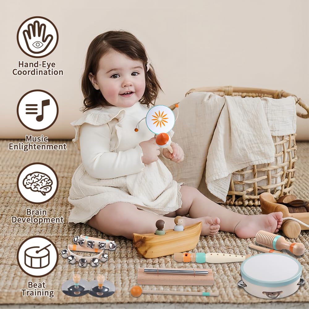 Toddlers Musical Instruments-Baby Montessori Wooden Musical Toys for Toddlers 18 Month,Kids Percussion Instruments Toy for Preschool Kids,Christmas Birthday Gift for Baby Boys Girls