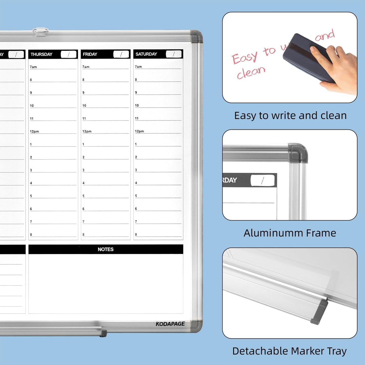 KODAPAGE Large Weekly Dry Erase Board, Weekly Planner whiteboard with Hourly time Slots, Whiteboard Weekly Calendar for Schedule for wall 36" X 24" Double-Sided for Office, Home and School