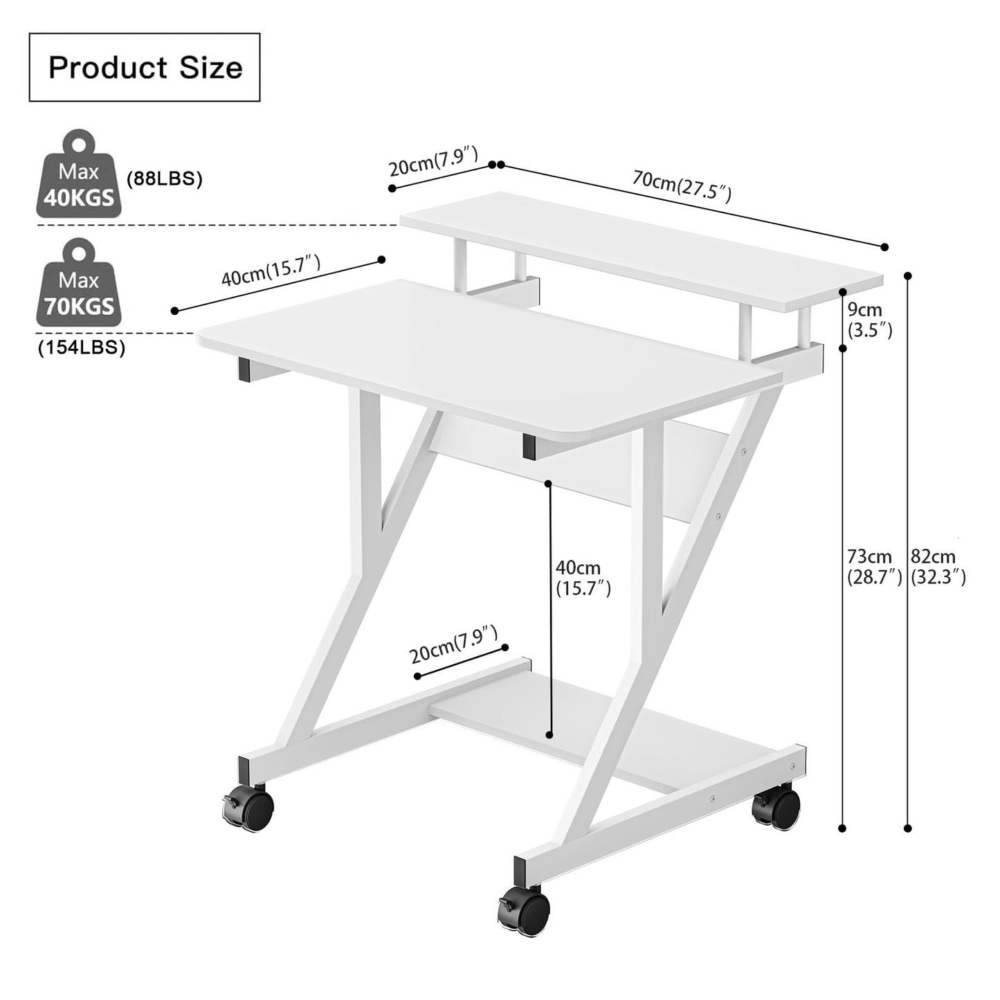 Dripex Computer Desk for Small Spaces, 27.5 inch Small Computer Desk, 3 Tier Compact Desk with Monitor Shelf and Bottom Storage Shelves, Space Saving Desk, White