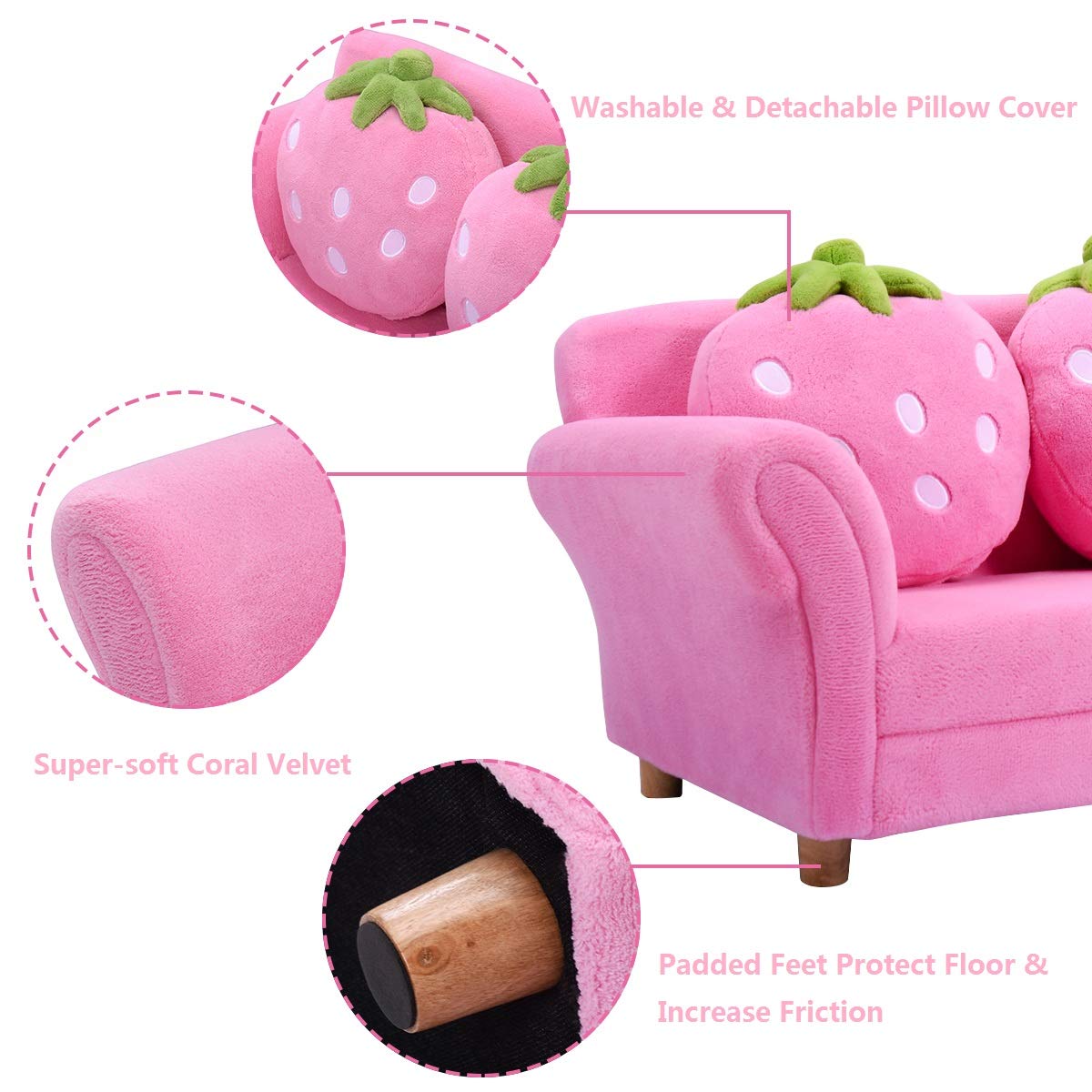 Costzon Kids Couch, Double Seat Pink Children's Sofa with 2 Strawberry Pillows, Toddler Armrest Chair for Bedroom, Living Room, Large Soft for Kids Loveseat for Baby Girls Pets Preschool Gifts