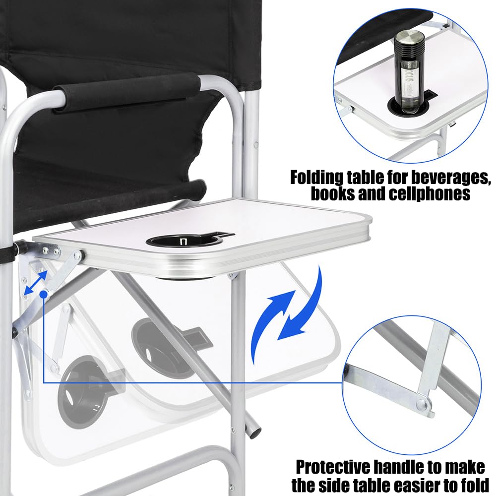 BRLJUNEO Tall Makeup Chair, Foldable Director Chairs, Portable Makeup Artist Chair w/Side Table Cup Holder Storage Bag and Footrest, 400LBS Load Capacity, Black, 41''