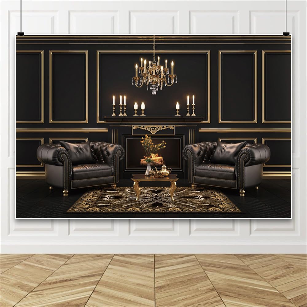 Laeacco 8x6ft Classic Interior Backdrop Black Wall Sofa Luxury Reception Room Interior Photography Background Business Office Studyroom Living Room Wallpaper Kids Adults Portrait Photo Booth Props