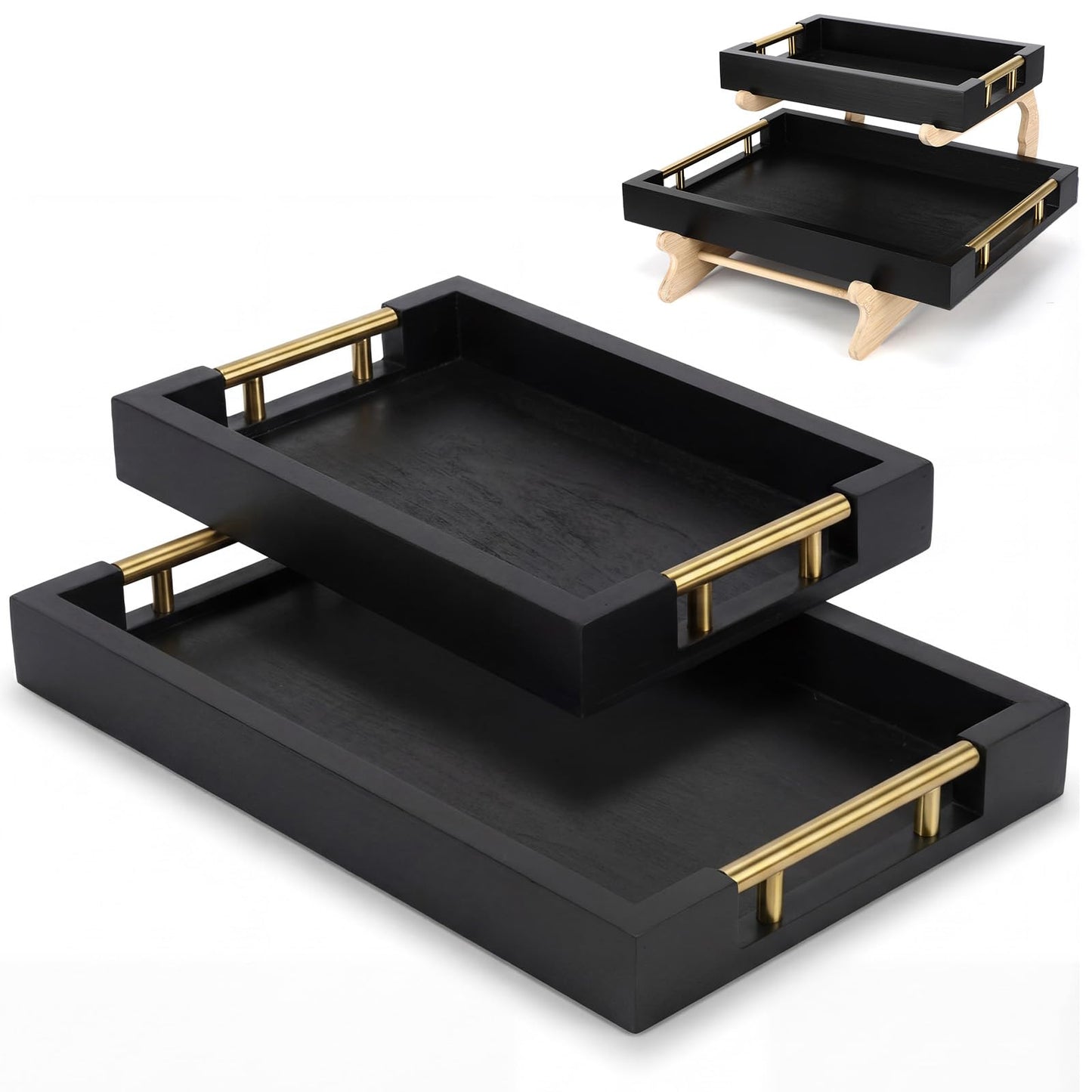 Leinuosen 2 Tier Serving Trays for Party Coffee Table Tray 12"x16" & 8"x12" Large Wooden Ottoman Tray with Gold Handles and Bamboo Stand for Storage Display(Black)