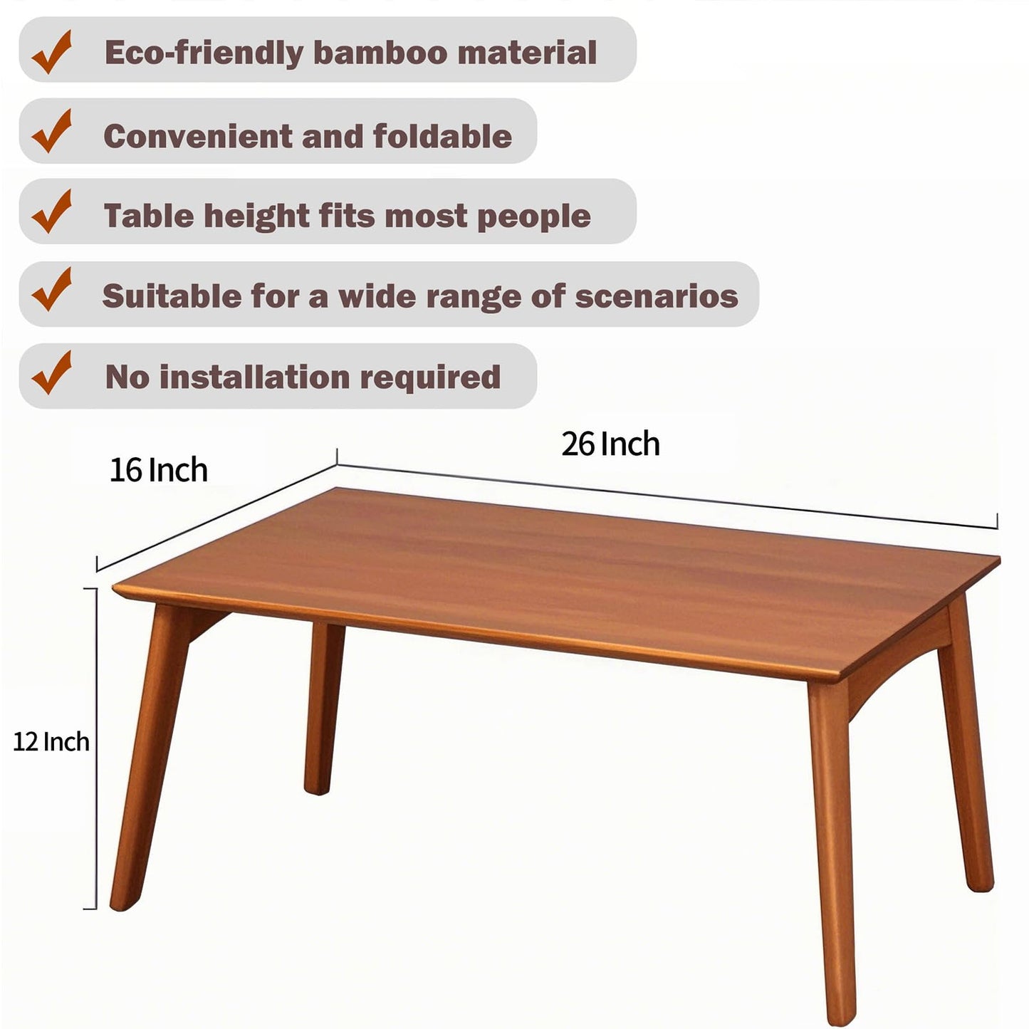 Kuabner Bamboo Folding Coffee Table, Japanese Low Desk, No Assembly Portable Furniture, for Dining Working Studying Relaxing, Walnut, 26 x 16 x 12 Inches