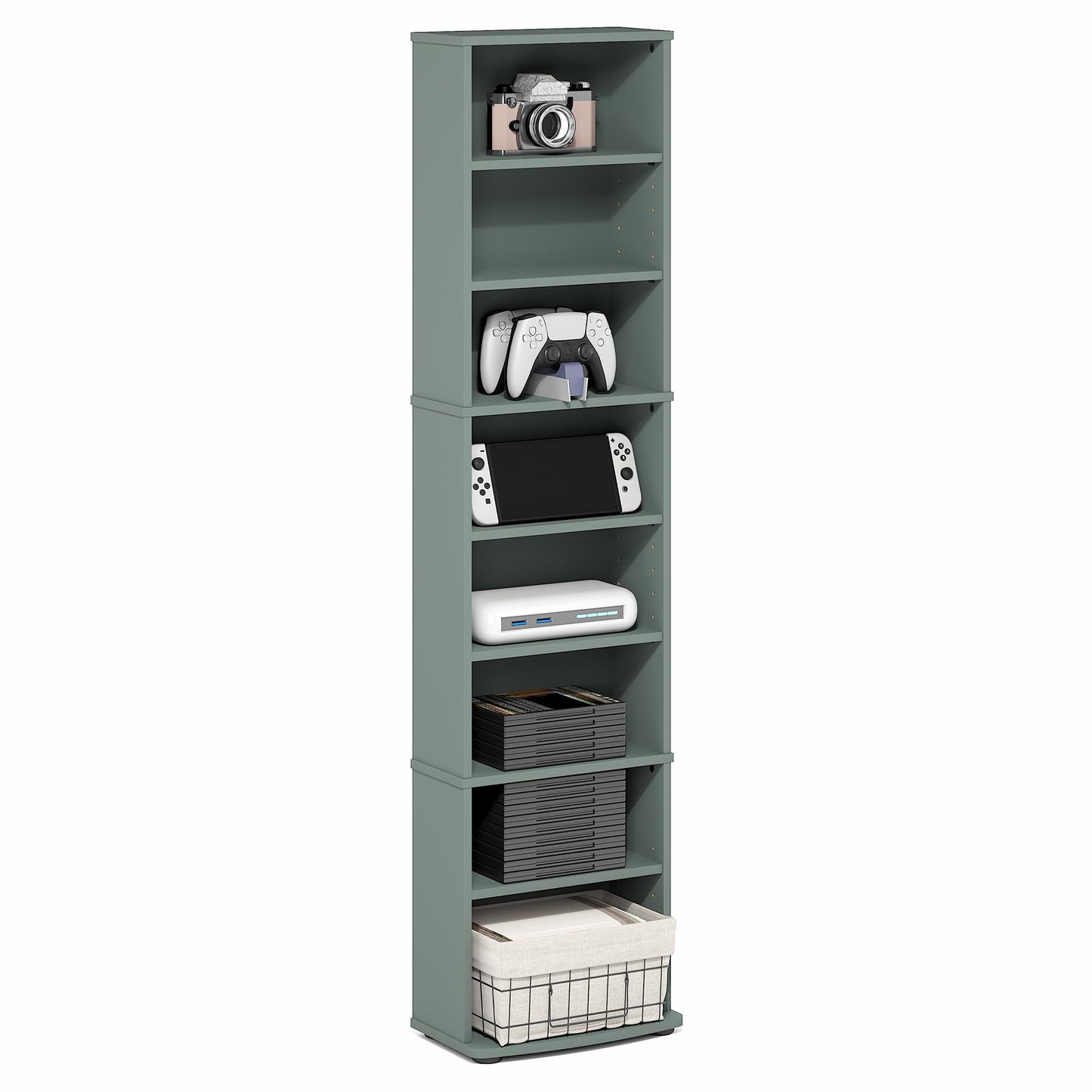 Furinno Jaya DVD Shelf, 8-Tier Tall Narrow CD Rack, Media Shelf with Adjustable Shelves, DVD Storage Cabinets for CD Blueray Game Disc, Easy Assembly, for Living Room, Home Office, Sage Green