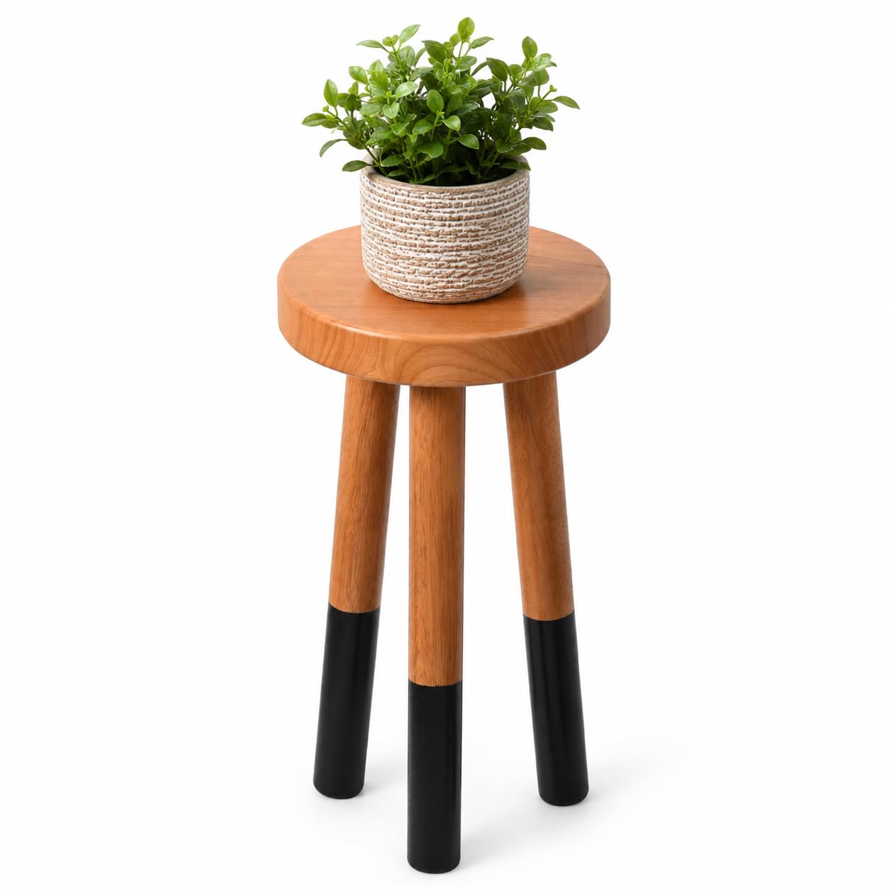 JOLLYMER Rubber Wood 9" Round Plant Stand |Dip Dyed Black Accent Stool |Small Drinking Table |Side Table(18" H)