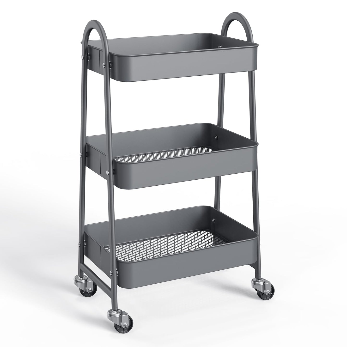 NEWBULIG 3-Tier Metal Rolling Cart with Lockable Wheels, Heavy Duty Mobile Utility Storage Shelf, Roller Book Snack Cart, Organization for Livingroom, Bathroom, Office, Grey