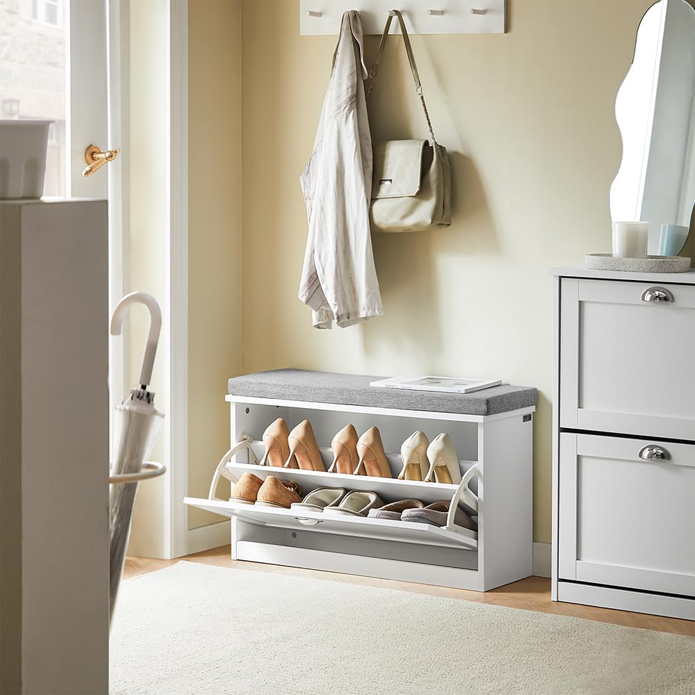 Haotian Small Shoe Cabinet Bench, Modern Shoe Storage Solution with Padded Cushion, 1 Flip Drawer for Narrow Entryway, White FSR195-W
