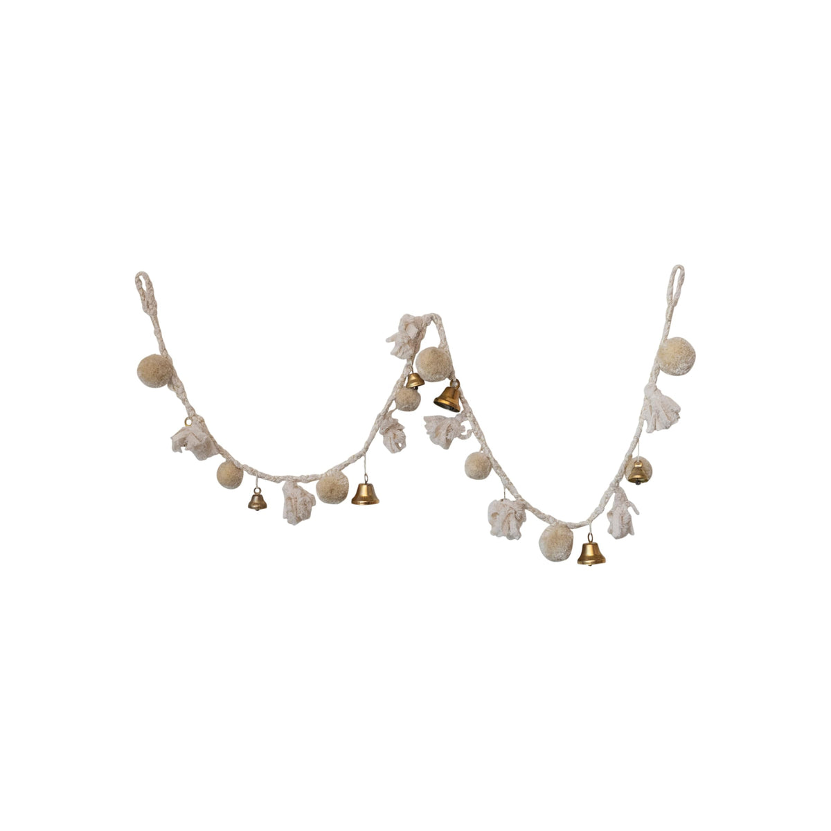 Creative Co-Op Handmade Wool and Cotton Blend Pom Pom and Bell Garland, Natural and Brass Finish