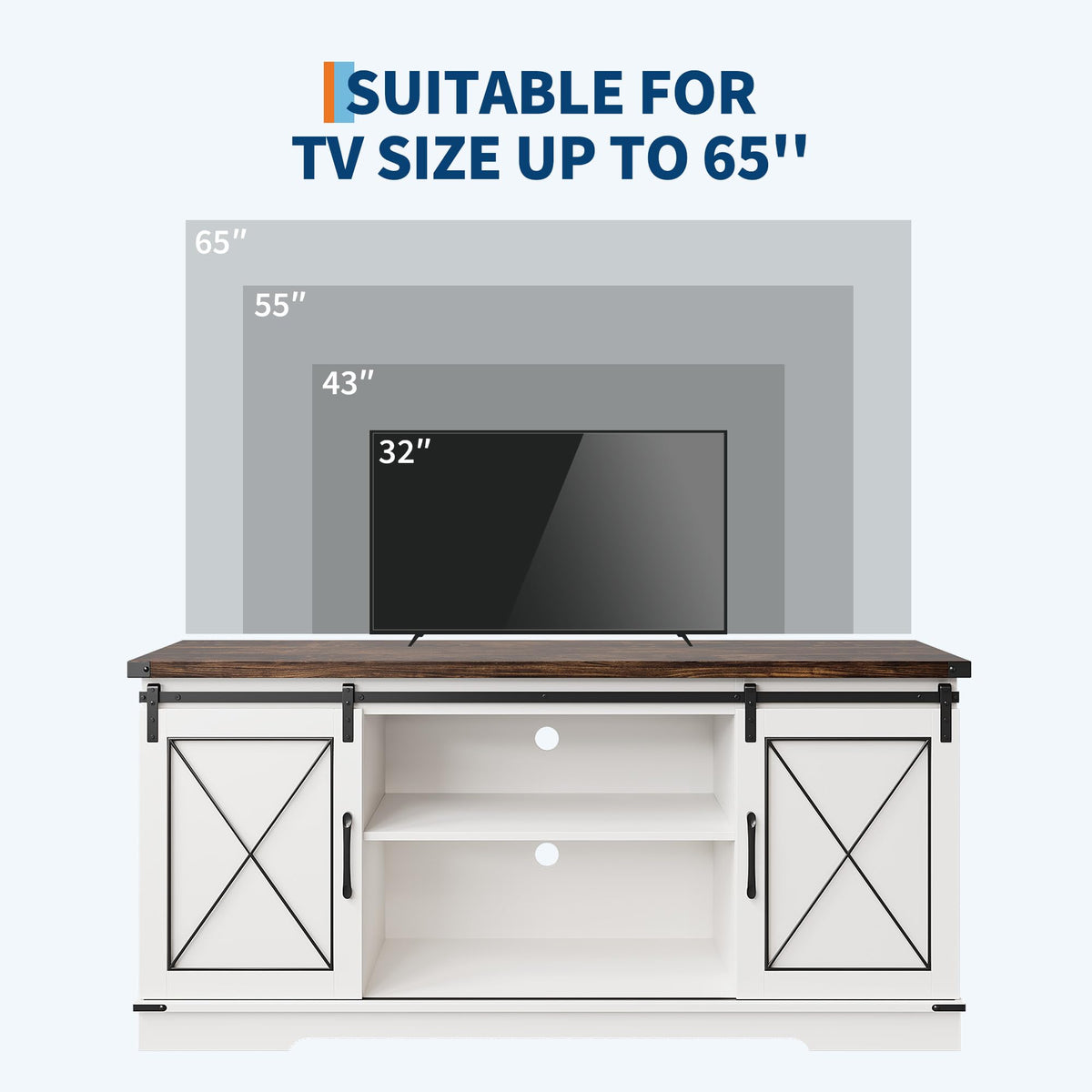 IDEALHOUSE Farmhouse TV Stand and Entertainment Center for Tv up to 65 inches with Sliding Barn Doors, Tv Media Console Table with Storage Cabinet for Living Room, White & Brown