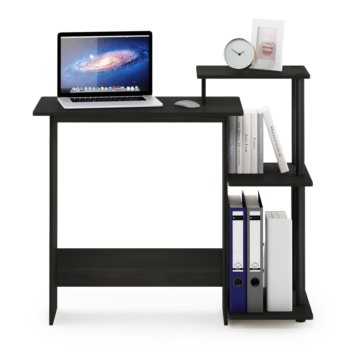 Furinno Efficient 29-Inch Black Computer Desk with Side Shelves, Gaming Desk with 3 Open Shelves, Home Office Desk, for Home Office, Study Room, Dorm, Bedroom, Black Espresso