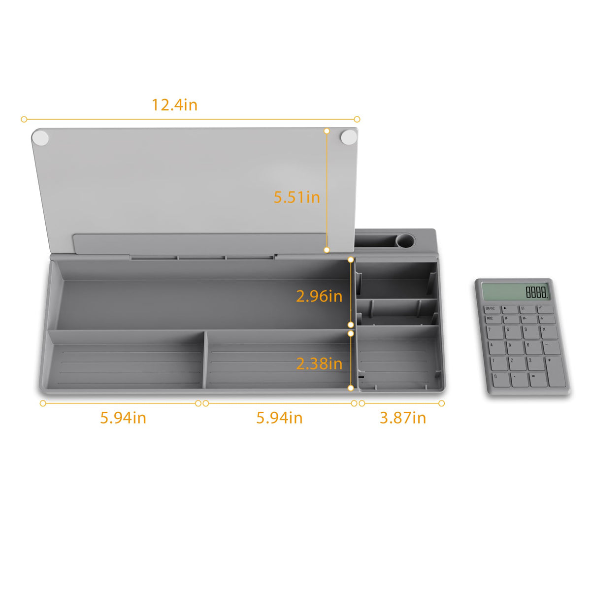 TOWON Desktop Glass Whiteboard with Basic Calculator, 12 Digit LCD Display, Desk Organizers with Accessories for Office, Home, School Supplies, Storage with Dry Erase Board Surface, Gray, 18'' x 6''