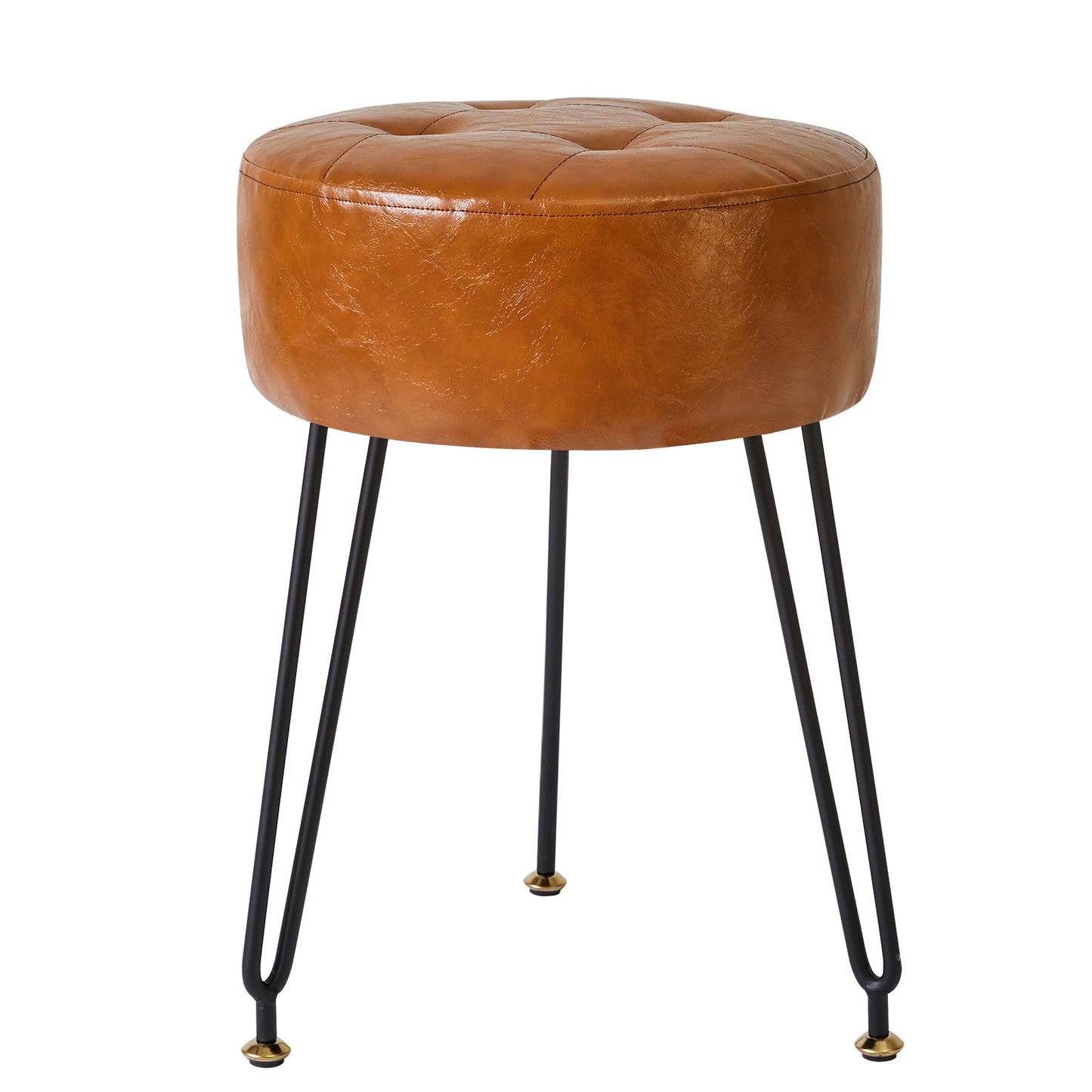 IBUYKE Faux Leather Round Footrest, Makeup Vanity Stool Side Table, PU Dressing Table Seat, Pouf Couch Stool, Golden Steel Legs, Light Brown LG-31J