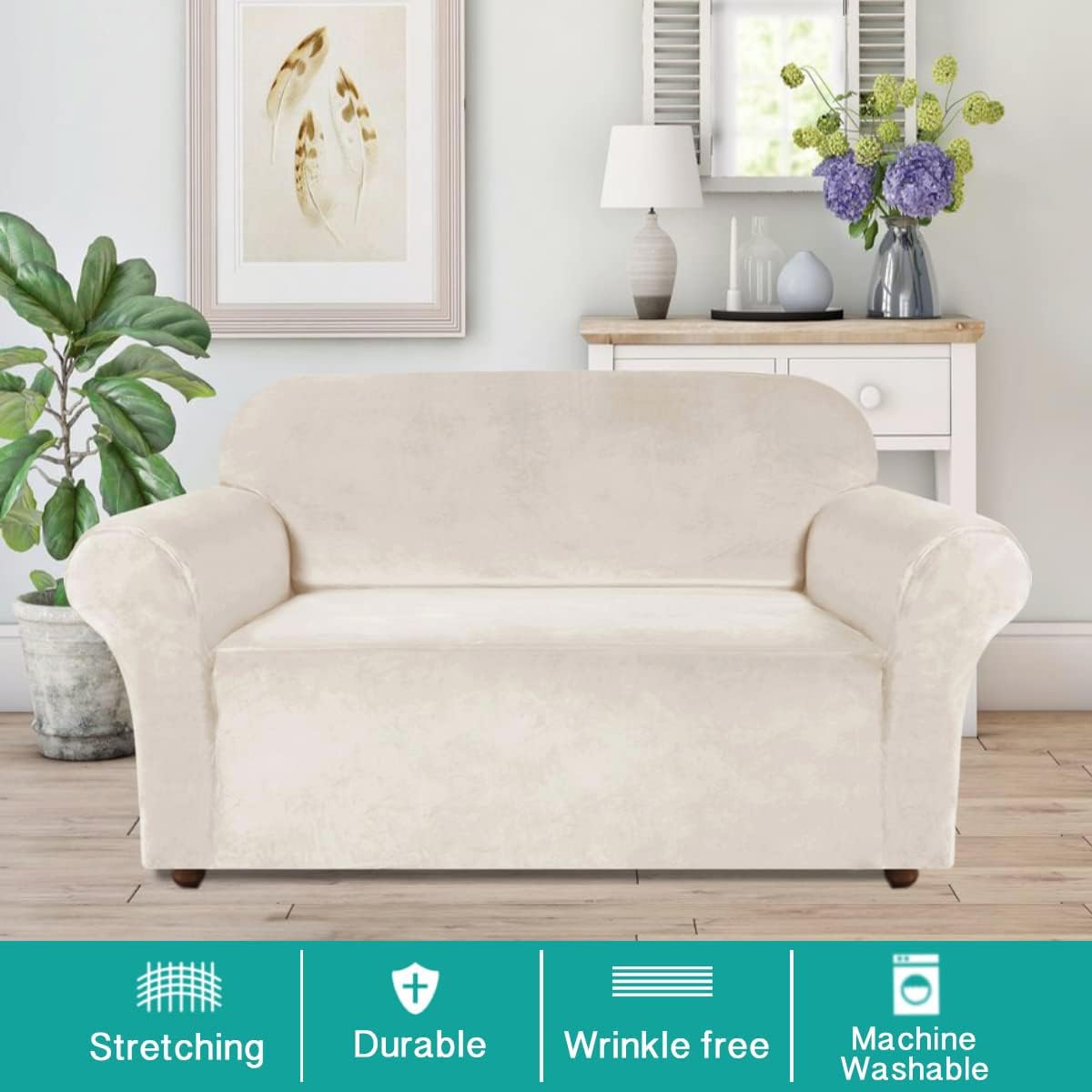Turquoize Loveseat Covers Stretch Love Seat Couch Covers for 2 Cushion Couch Velvet Furniture Covers for Sofa with Elastic Bottom Crafted from Polyester, Spandex (Loveseat, Ivory)