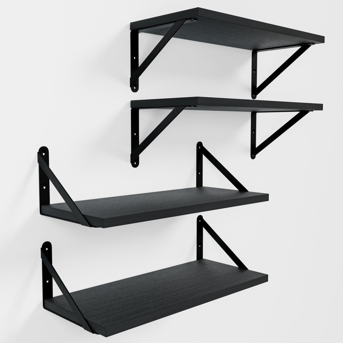 COCOYA Wall Shelves 7.3" Deep Set of 4, Solid Paulownia Wood Wider Longer Sturdy Easy to Install Wall Mounted Bookshelves Storage Shelves Bathroom Home Office Laundry Room Bedroom Organizer Black