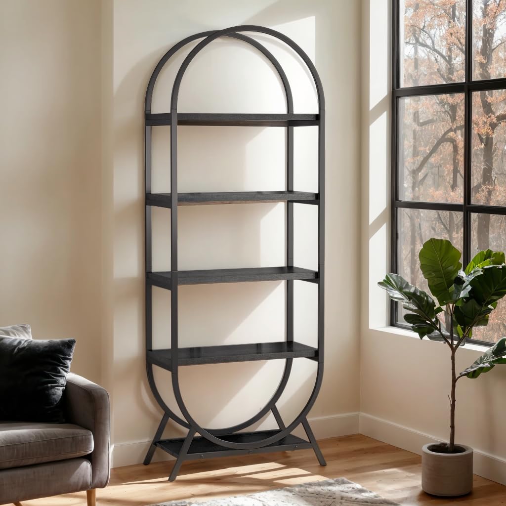 BIASUNS Arched Bookshelf,5-Tier Tall Wide Open Bookshelf,Modern Brown Storage Bookshelves, Freestanding Display Rack Shelving Unit for Office, Bedroom, Living Room, Easy Assembly, Black