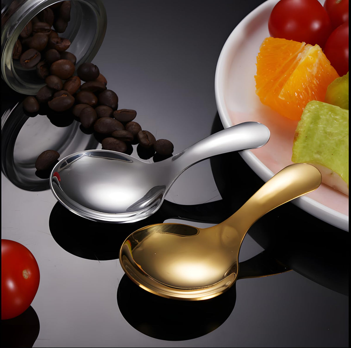 5PCS Short Handle Spoon, Stainless Steel Mini Spoons Thickened Small Round Spoon For Salt Condiments Dessert Tea Coffee (Black)