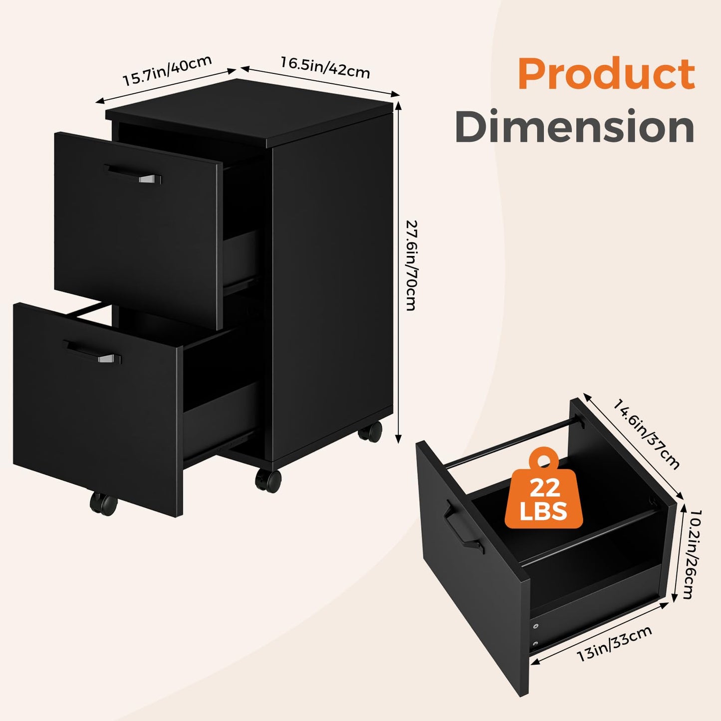 Sweetcrispy 2 Drawer Filing Cabinet Black, Rolling Wood File Cabinets, Home Office Organizer, Under Desk Storage Lockable Wheels, Printer Stand, Storage Cabinet, Black