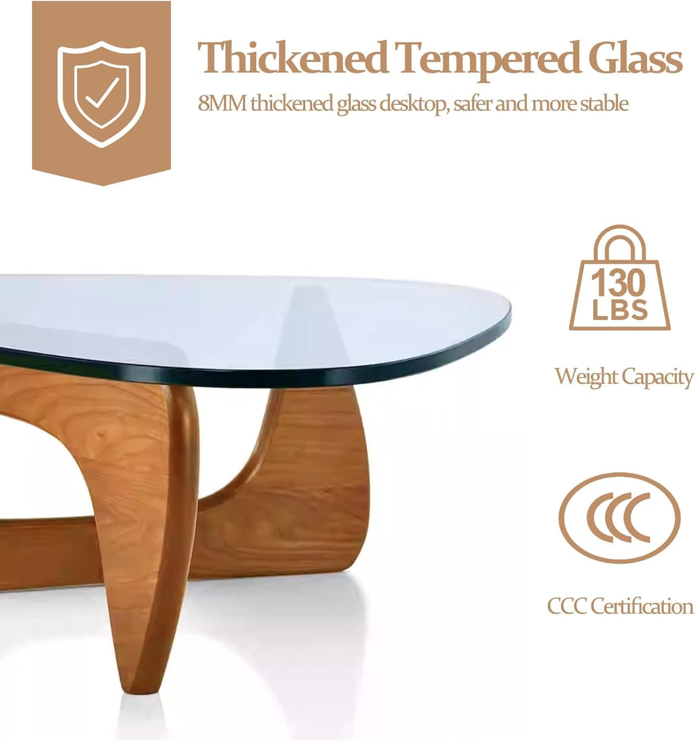 Modern Glass Coffee Table, 45in Large Mid Century Coffee Table, Unique Wooden Triangle Center Tables with Wood Legs, for Bedroom Living Room Reception Office(Walnut Transparent, 45in) 1