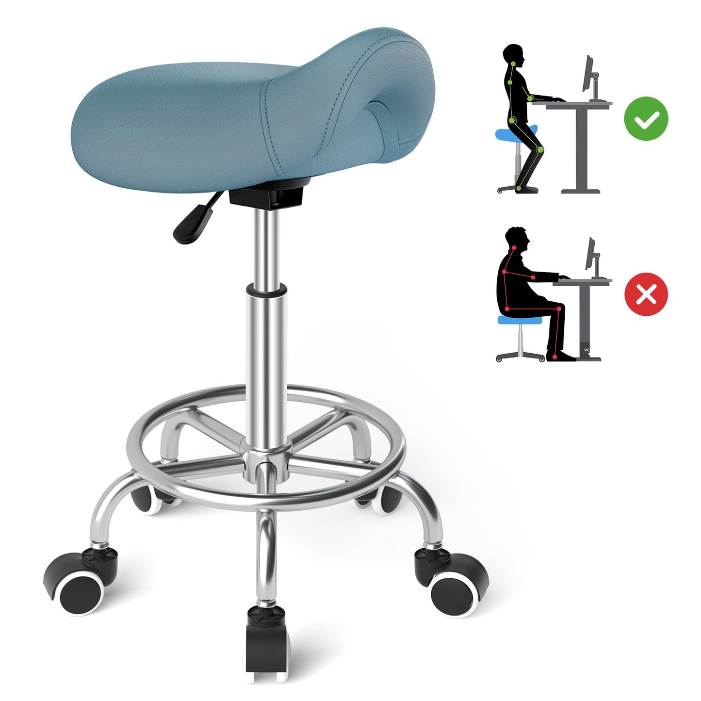 YEEZEE Saddle Stool Ergonomic- Comfortable Rolling Saddle Stool with Wide Thick Saddle Seat Padding, Swivel Adjustable Saddle Chair with Wheels and Ring Pedal for Medical Massage Salon (Blue)