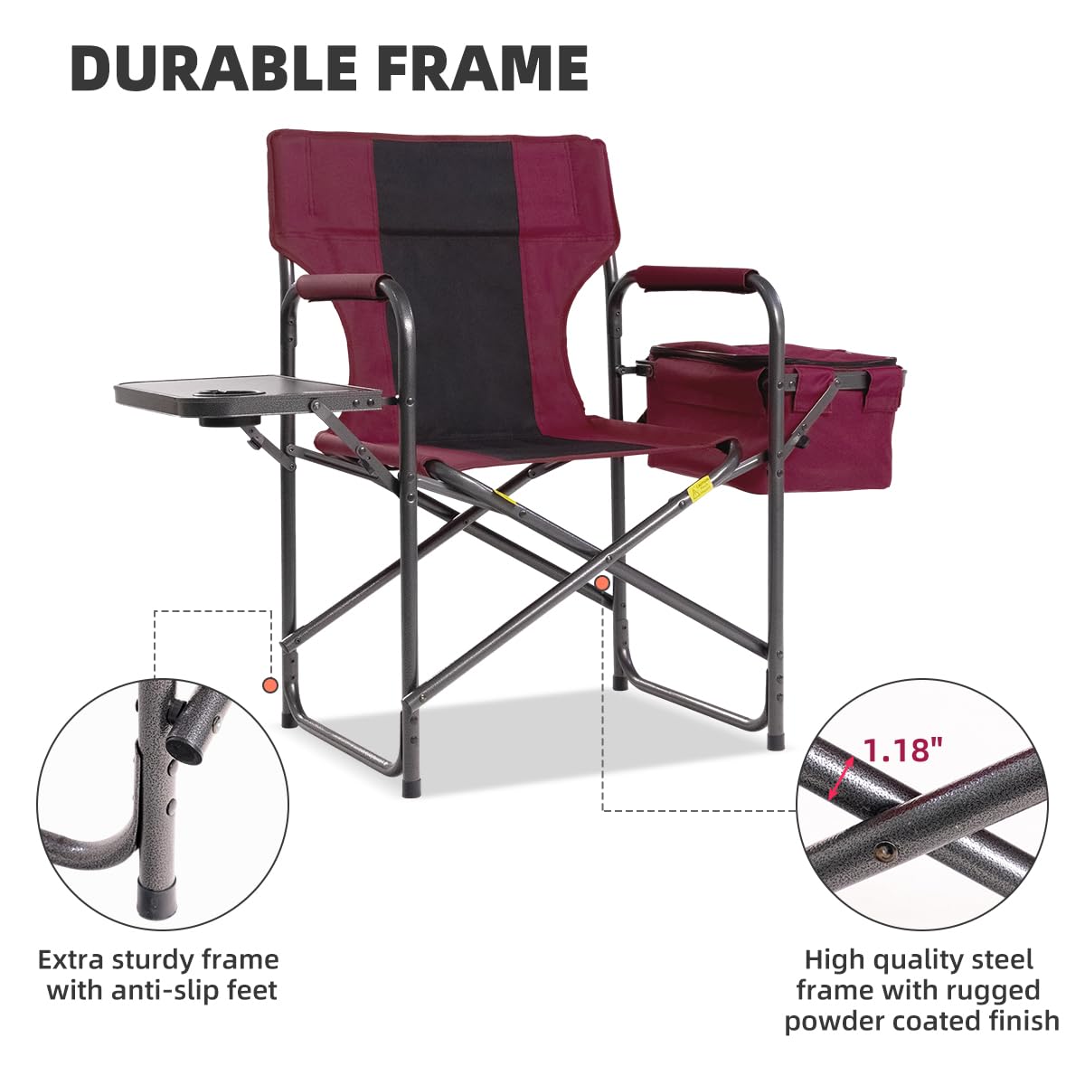 Foristrail Director Camping Chair with Cooler Bag & Foldable Side Tray - 400lbs Heavy Duty Outdoor Folding Lawn Chair, Portable Camp Chair for Backyard, Fishing, Beach (Red)