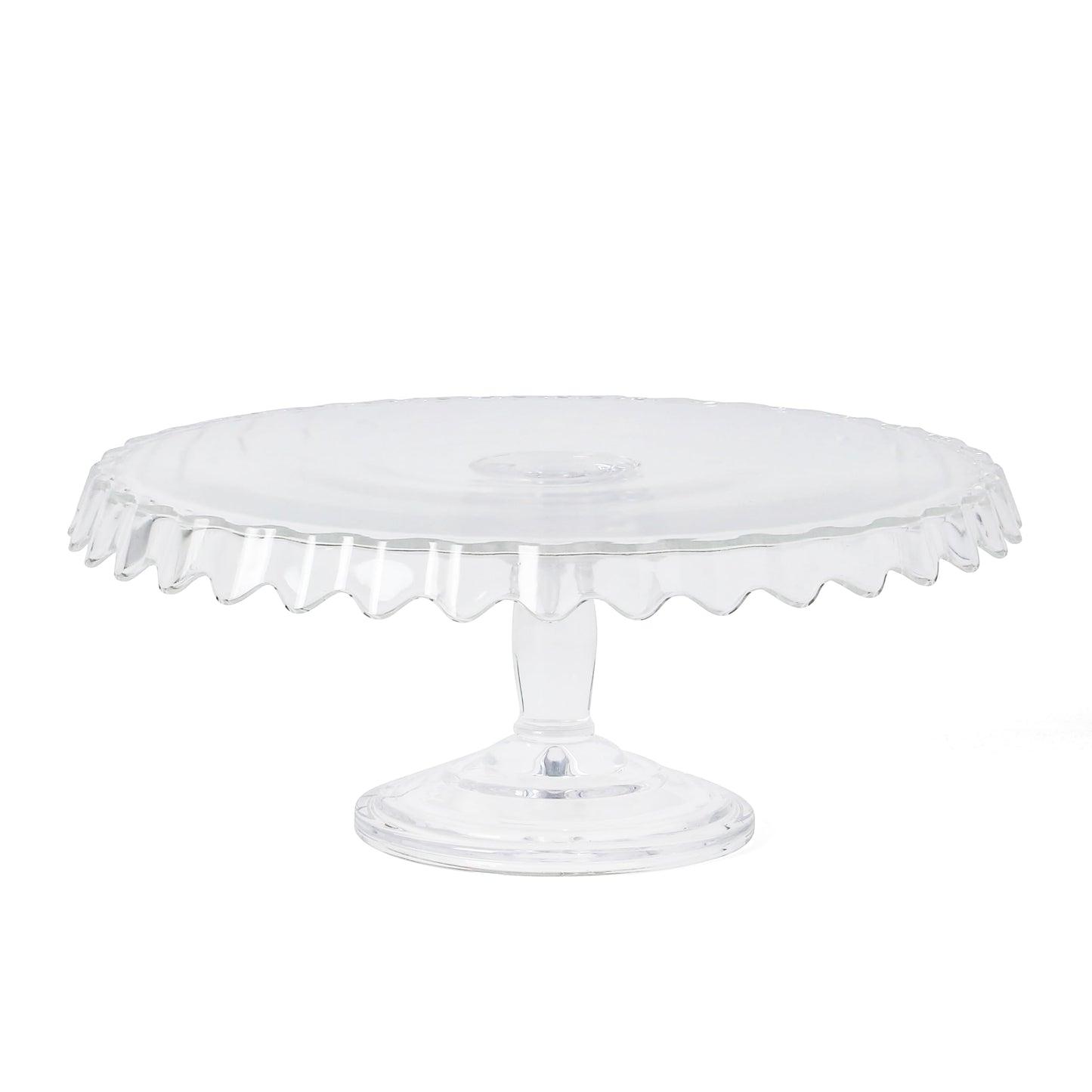 Martha Stewart Watercrest Glass Cake Stand, 10.2 Inch Footed Pedestal Cake Plate with Scalloped Ruffled Edge, Clear Handmade Glassware for Weddings, Parties, and Dessert Display