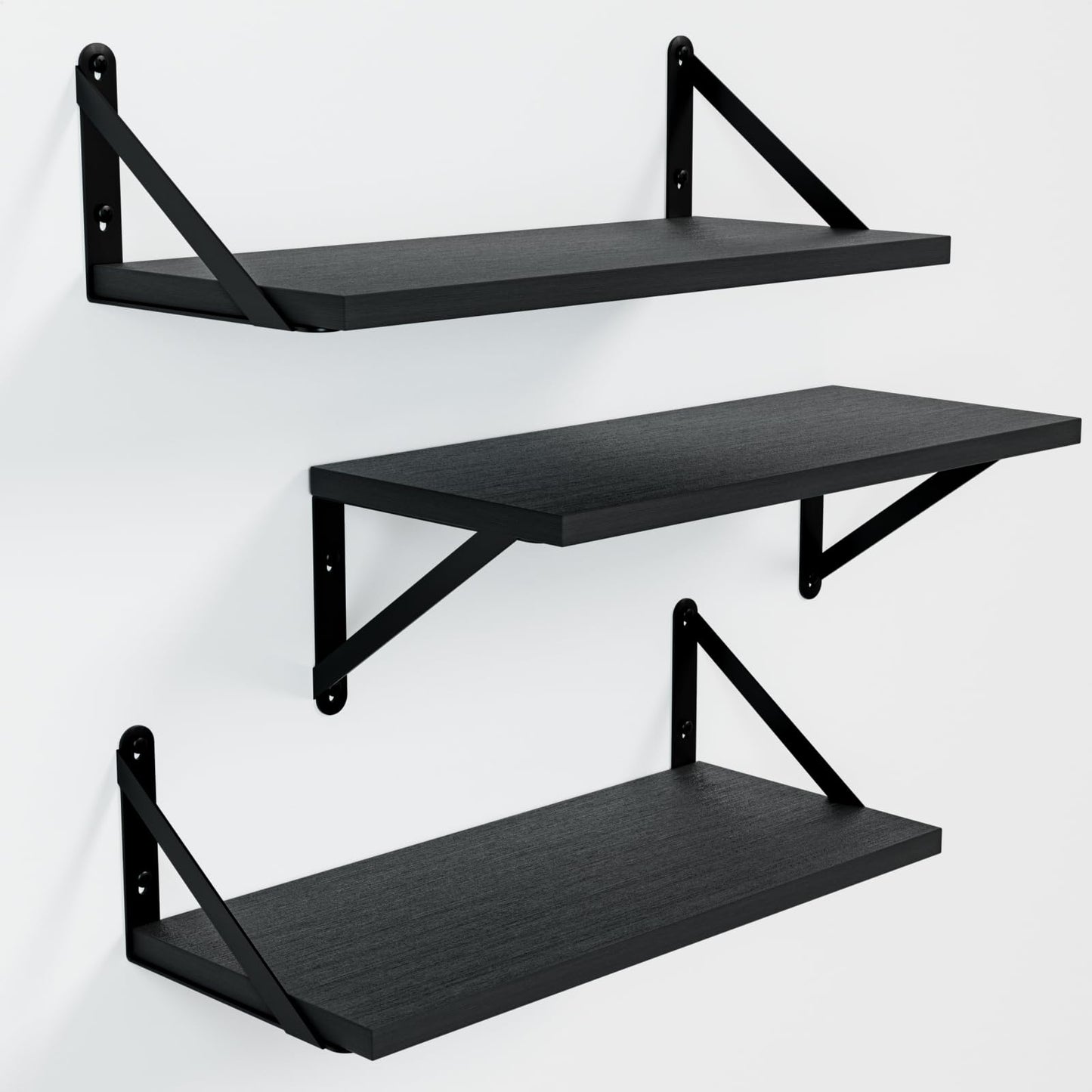 COCOYA Wall Shelves 7.3" Deep Set of 3, Solid Paulownia Wood Wider Longer Sturdy Easy to Install Wall Mounted Bookshelves Storage Shelves Bathroom Home Office Laundry Room Bedroom Organizer Black