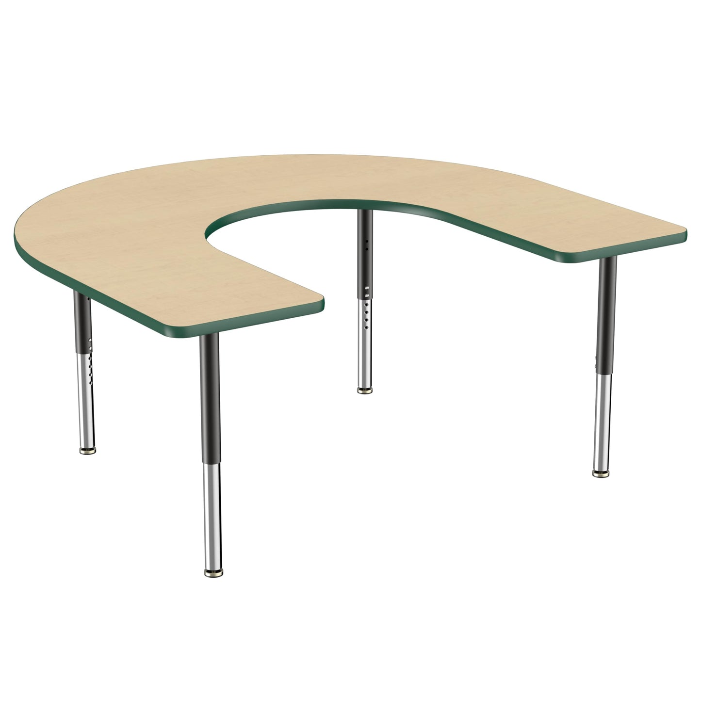 FDP Mobile Horseshoe Activity School and Office Table (60 x 66 inch), Super Legs with Glides and Casters for Collaborative Environments, Adjustable Height 19-30 inches - Maple Top and Green Edge